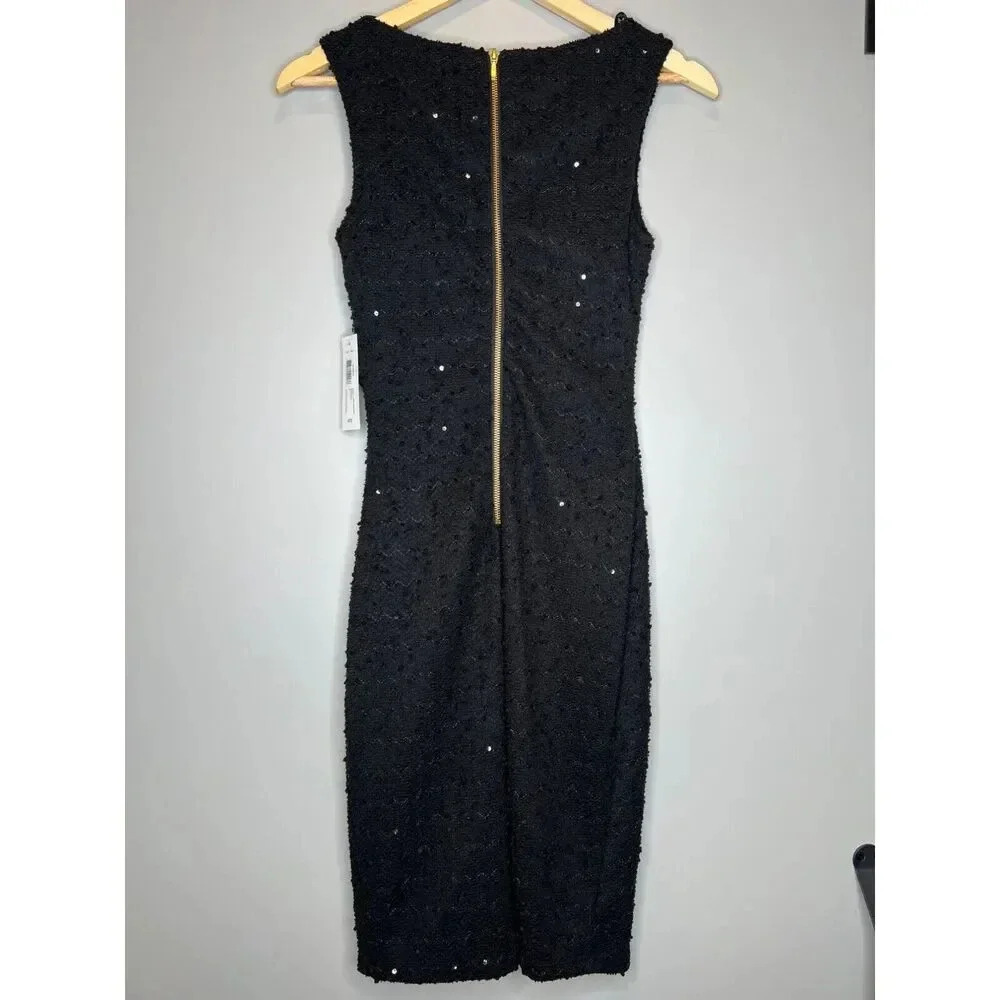 Bisou Bisou midi pencil dress SIZE 4 black sequin tweed ruched sleeveless NWT - Picture 8 of 8